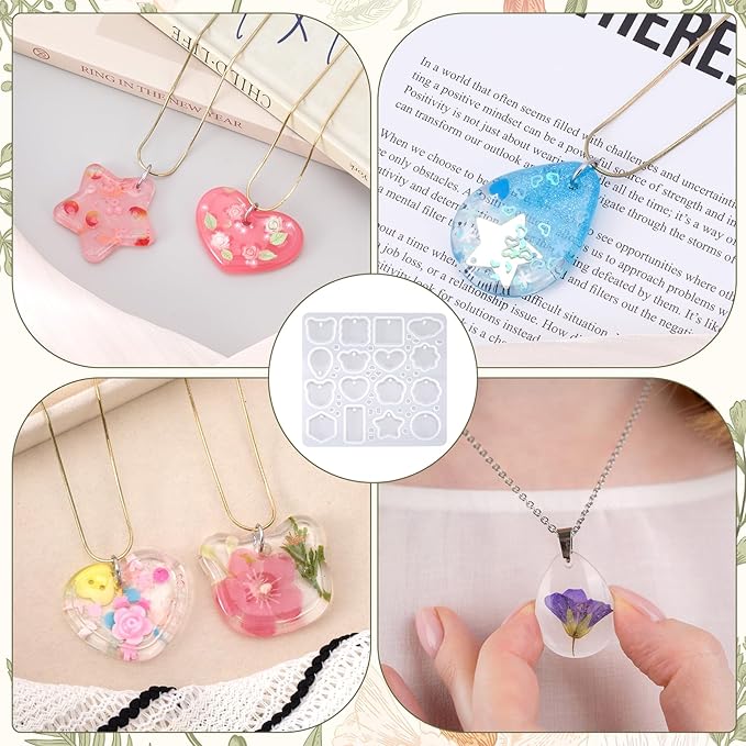 Keychain Silicone Molds for Resin, 16 Cavities Geometric Pendant Mold with 10pcs Jump Rings and 5pcs Chains, Heart Star Shape Mold for DIY Art Crafts, Key Chains, Jewelry Making