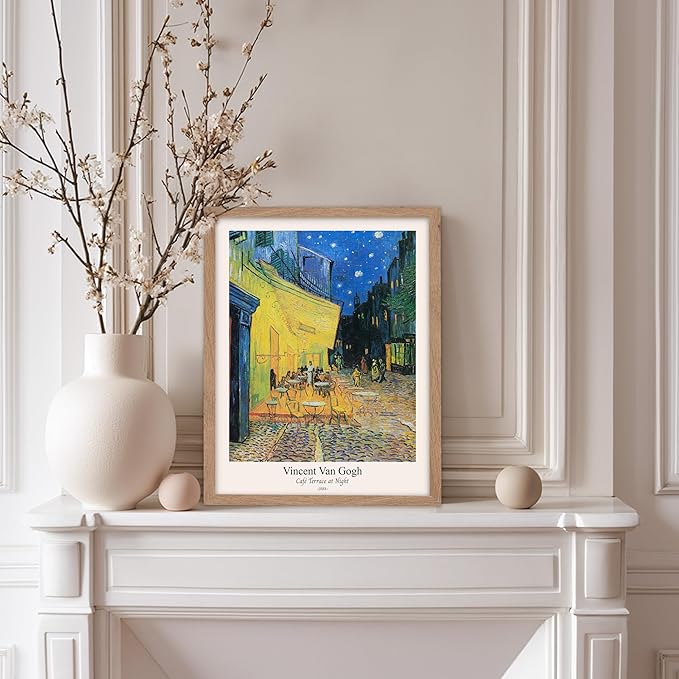 Monem Art Vintage Van Gogh Poster - Retro Cafe Terrace at Night Print - Impressionism Art - Fine Art - Classic Painting Art - Aesthetic Living Room or Bedroom Wall Decor - 8x10 Beige Framed