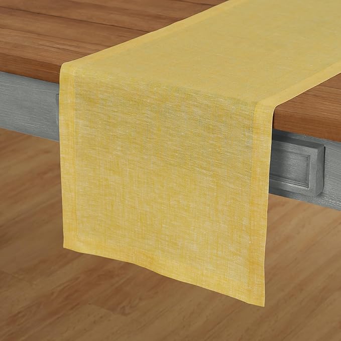 Solino Home Linen Table Runner 108 Inches Long - Athena, 100% Pure Linen Chambray Lemon Yellow 14 x 108 Inch Table Runner for Spring, Easter