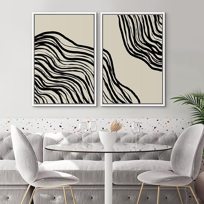 SIGNWIN Framed Canvas Print Wall Art Set Dark Geometric Spiral Wave Collage Abstract Shapes Cozy Neutral Modern Art Minimalism Decorative Nordic for Living Room, Bedroom, Office - 16"x24"x2 White