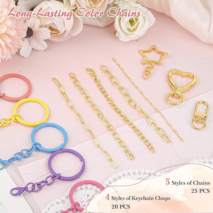 Ecoofor Keychain Making Kit 354pcs - Bag Charm Kit with 136 Charms, 25 Extender Chains, 20 Keychain Clips, Beading Accessories ＆ Jewelry Pliers - DIY Crafting and Jewelry Making for Adults & Kids