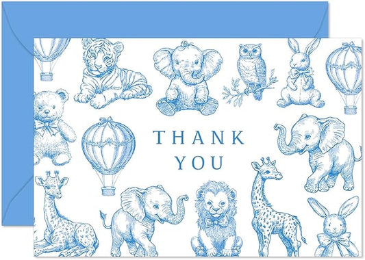 Whaline 24 Pack Baby Shower Thank You Card Cute Blue White Animal Greeting Cards with Envelopes Stickers Blank Note Cards for Gender Reveal Birthday Party Supplies