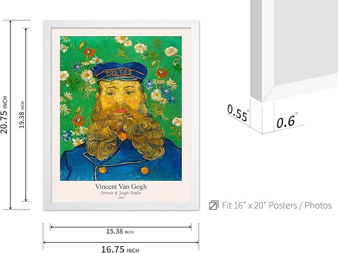 Monem Art Vintage Van Gogh Poster - Retro Portrait of the Joseph Roulin Print - Impressionism Art - Postman Art - Fine Art - Classic Painting Art - Living Room Wall Decor - 16x20 White Framed