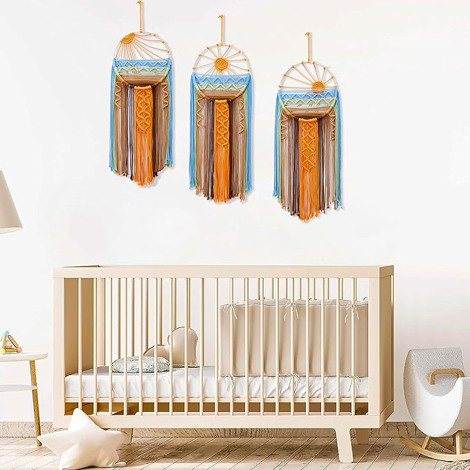 3 Pack Macrame Wall Hanging Tapestry Sunrise Sunset Wall Art Set, Hand Woven Boho Tapestries Colorful Sun Wall Decor for Bedroom Living Room Apartment (3 Pcs)