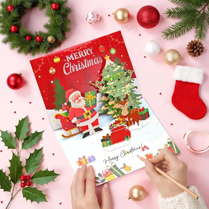 Christmas Cards, Light and Music Merry Christmas Card, 3D Pop Up Greeting Card with Christmas Tree and Santa for Women Men Kids Husband Wife Mom Dad Daughter