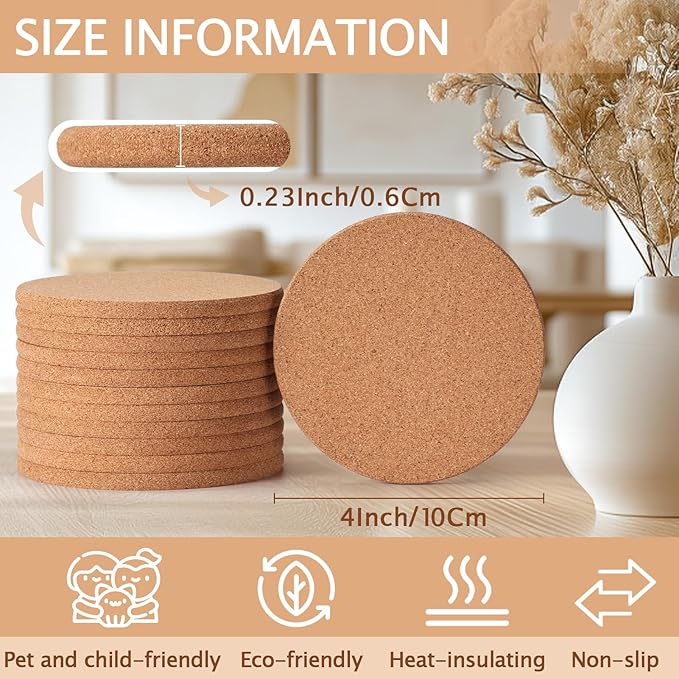 60 Pieces Cork Coasters for Drinks, GOH DODD Thicken Absorbent Blank Coasters for DIY Crafts Laser Engraving Sublimation Wood Burning Plants Painting Housewarming Gifts Wedding, Round, 4 Inch