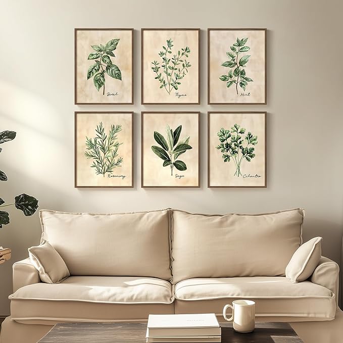 Framed Sage Green Botanical Wall Art for Kitchen, Set of 6 Rustic Herb Canvas Prints Artwork for Modern Farmhouse Walls, Herbs Spices Plant Leaf Pictures for Dining Room Living Room Bedroom Wall Decor