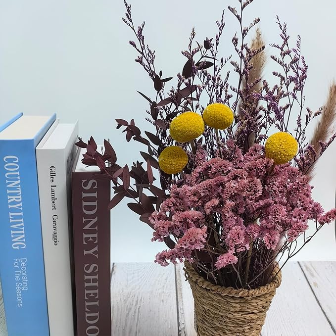 L'BREVOGA Dried Flower Bouquet - Caspia,Rose, Billy Ball, Gypsophila - 15 Inches, Unique Design (Purple)