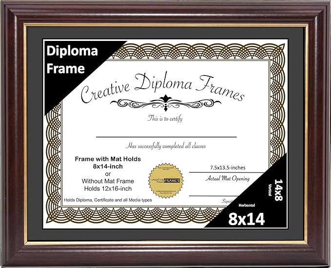 Creative Picture Frames 8x14 Mahogany Gold Rim Diploma Frame with Black Mat Glass Easel and Installed Wall Hangers | Frame Holds 12x16 Media without Mat