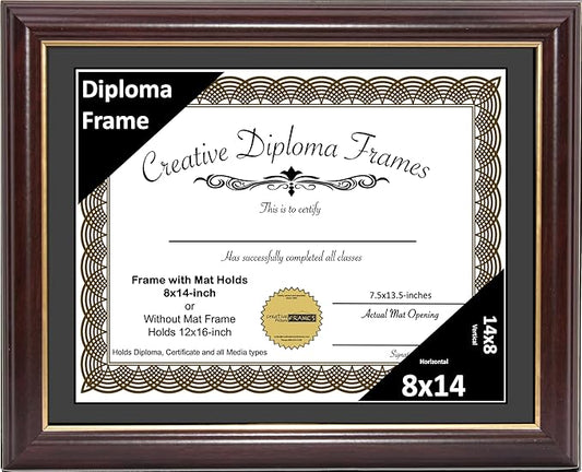 Creative Picture Frames 8x14 Mahogany Gold Rim Diploma Frame with Black Mat Glass Easel and Installed Wall Hangers | Frame Holds 12x16 Media without Mat