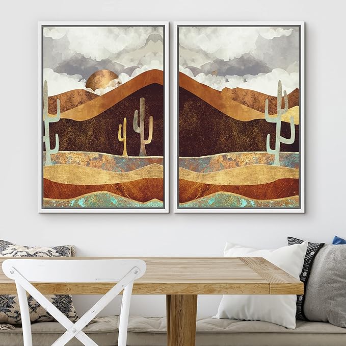 SIGNWIN Framed Canvas Print Wall Art Set Geometric Granite Desert Cactus Landscape Nature Wilderness Illustrations Modern Art Scenic Colorful for Living Room, Bedroom, Office - 24"x36"x2 White