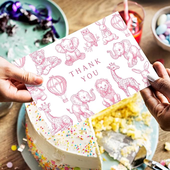 Whaline 24 Pack Pink Baby Shower Thank You Card Greeting Cards with Envelopes Stickers Cute Animal Blank Note Cards for Gender Reveal Birthday Party Supplies