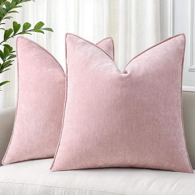 decorUhome Spring Couch Euro Sham Throw Pillow Covers 22x22 Set of 2, Decorative Soft Velvet Neutral Chenille Pillow Covers with Elegant Design for Sofa Bed Living Room Home Decor, Blush Pink