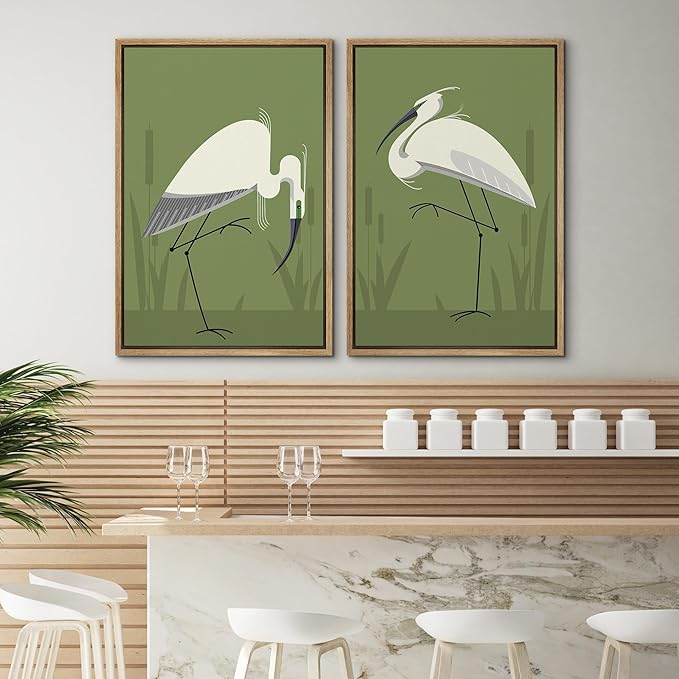 SIGNWIN Framed Canvas Print Wall Art Set Heron Bird Minimalist Egret Illustrations Modern Art Minimal Boho Colorful for Living Room, Bedroom, Office - 24"x36"x2 NATURAL