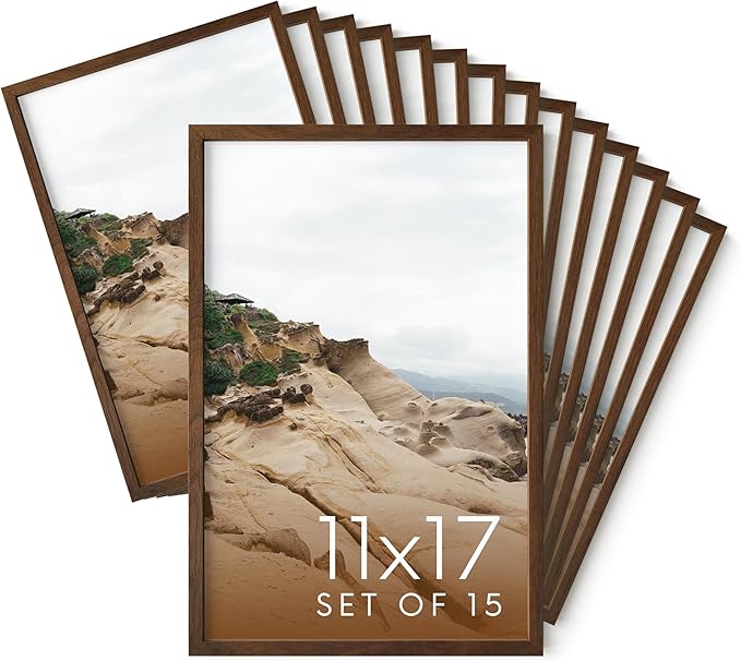 Haus and Hues 11x17 Walnut Oak Wood Picture Frames Set of 15 - Premium Bulk Picture Frames 11x17 Bundle - Elegant Gallery Wall Frame Set for Posters, Art Display - Ideal for Wall Decor in Home &