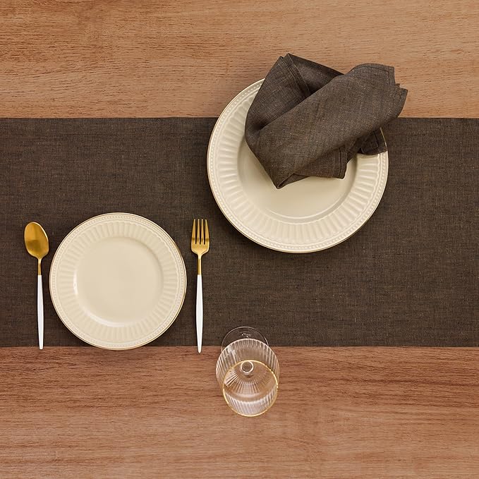 Solino Home Linen Chambray Brown Table Runner 120 Inches Long - Athena, 100% Pure Linen Dining Table Runner 14 x 120 Inch for Winter - Handcrafted and Machine Washable
