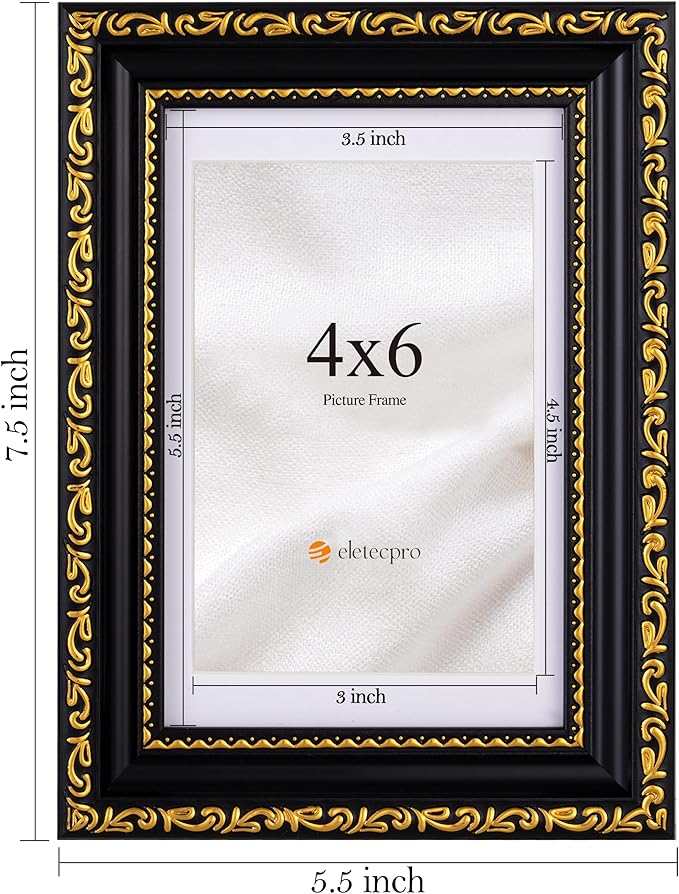 eletecpro 4x6 Picture Frames Set of 4, Ornate Vintage Photo Frames with Glass, Display 3.5x5 Photo with Mat or 4x6 without Mat for Tabletop or Wall Decor, Black Gold