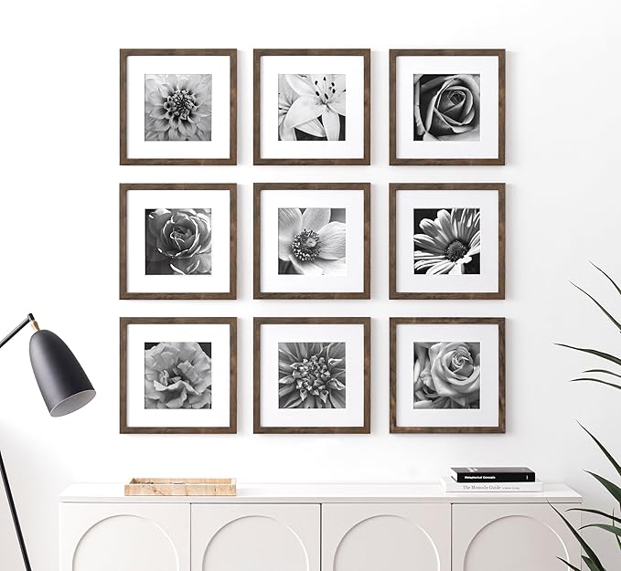 eletecpro 12x12 Picture Frames Set of 9 with Mat for 8x8 Photos or without Mat for 12x12, Square Gallery Wall Decor Collage for Picture Display, Weathering Brown Frame Set for Wall Hanging