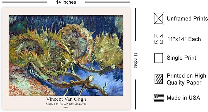 Monem Art Vintage Van Gogh Poster - Retro Blumen in Blauer Vase Anagoria Print - Sunflower Art - Impressionism Art - Fine Art - Classic Painting Art - Bedroom Wall Decor - 11x14 UNFRAMED Wall Art