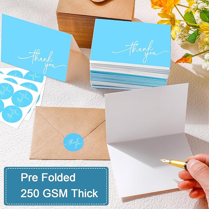 Gueevin 200 Pcs Thank You Cards with Kraft Envelopes and Stickers Bulk, 3.5 x 5 Inch Classy Blank Thank You Notes for Wedding, Business, Graduation, Baby Shower, Bridal Shower, Funeral (Light Blue)