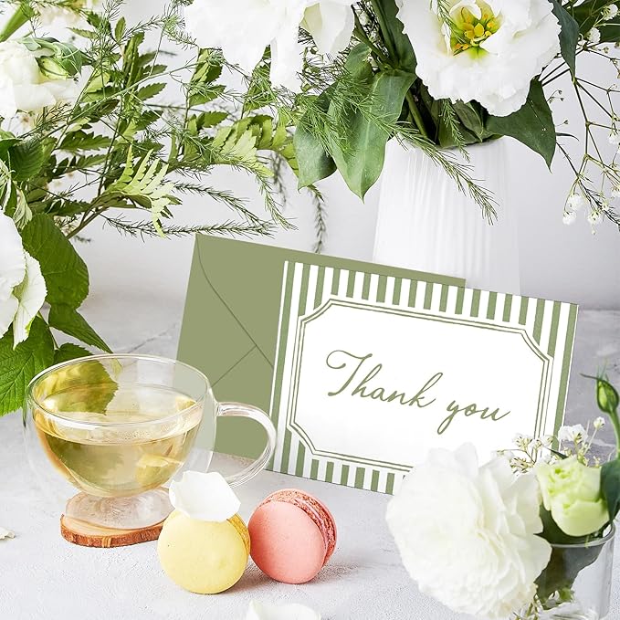 Whaline 24Pcs Sage Green Thank You Cards Blank Note Cards with Envelopes Stickers Minimalist Green Stripe Greeting Card for Wedding Birthday Baby Shower, 4 x 6 Inch