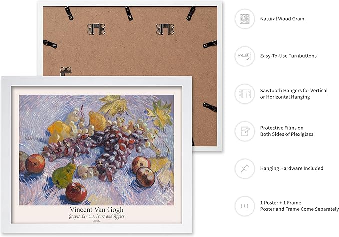 Monem Art Vintage Van Gogh Poster - Retro Grapes Lemons Pears and Apples Print - Impressionism Art - Fruit Art - Fine Art - Classic Painting Art - Great Kitchen Decor - 16x20 White Framed