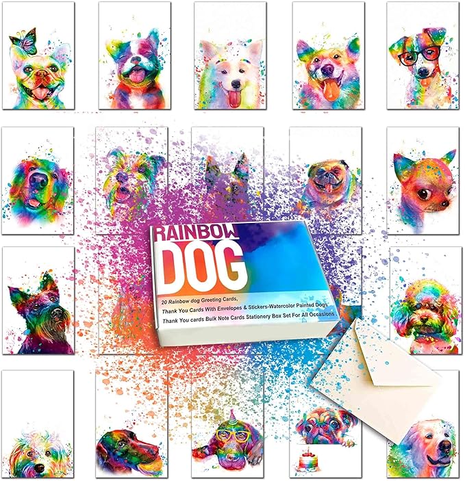 20 Greeting Cards, Rainbow dog Thank You Cards With Envelopes & Stickers-Watercolor Painted Dogs Thank You cards Bulk Note Cards Stationery Box Set For All Occasions Birthday Thank You Wedding.