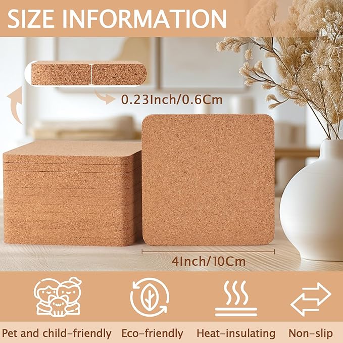 100 Pieces Cork Coasters for Drinks, GOH DODD Thicken Absorbent Blank Coasters for DIY Crafts Laser Engraving Sublimation Wood Burning Plants Painting Housewarming Gifts Wedding, Round, 4 Inch, Square
