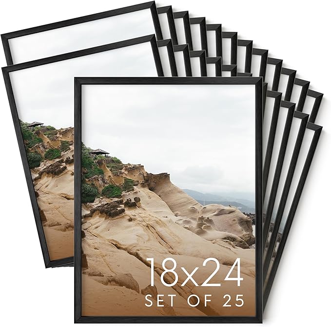 HAUS AND HUES 18x24 Black Metal Picture Frames - Features Premium Aluminum, Vertical & Horizontal Hang, Shatterproof Plexiglass - Ideal for Home, Room, Office (18x24 in, Black, Set of 25)