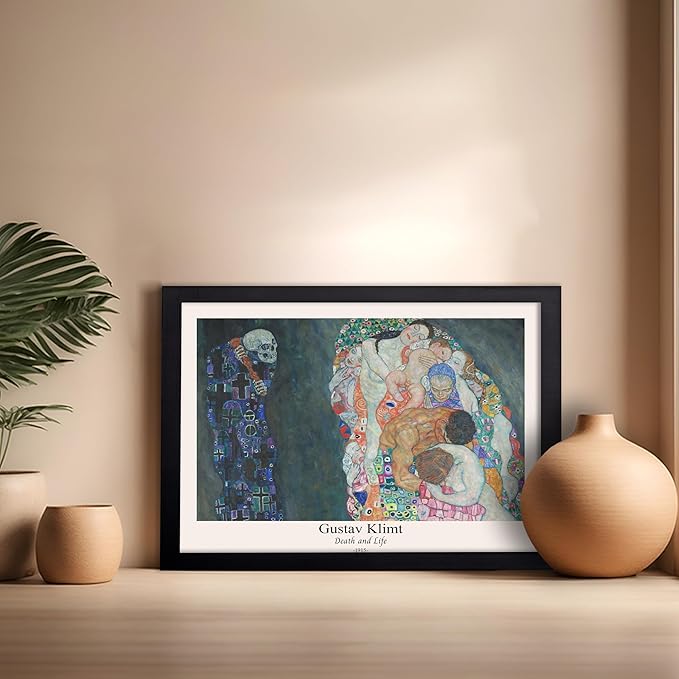 Poster Master Vintage Gustav Klimt Poster - Retro Death and Life Print - Art Nouveau - Symbolism Art - Abstract Art - Aesthetic Art - Classic Painting - Living Room Decor - 16x20 Black Framed