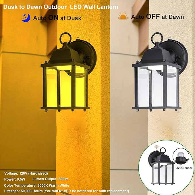 LIT-PaTH Dusk to Dawn Outdoor Wall Lantern, LED Wall Sconce, 3000K Warm White, 9.5W, 800 Lumen, Aluminum Housing Plus Glass, Outdoor Rated, 2-Pack, Black