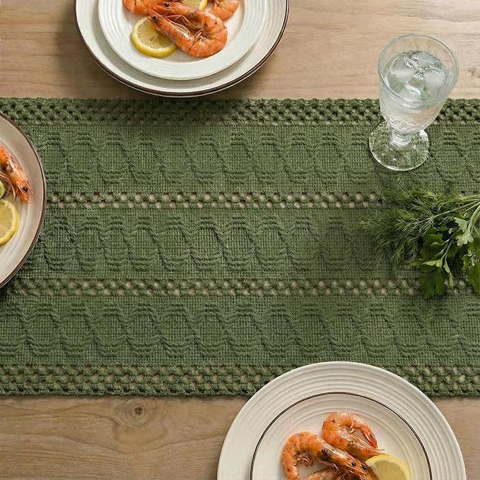 Artoid Mode Army Green Farmhouse Woven Rustic Hollow Table Runner, Seasonal Holiday Hollow Kitchen Dining Table Decoration for Home Party Decor 12x48 Inch