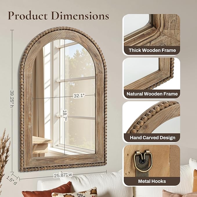 LuxenHome Arch Wall Mirror, 26"x40" Wood Framed Wall Mirrors, Farmhouse Decorative Wooden Mirror, Accent Entryway Wall Mirror, Wall Mounted Mirror Living Room Wall Decor