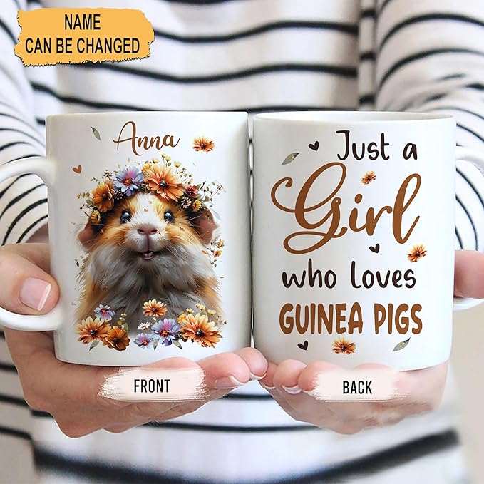 Hyturtle Personalized Cute Guinea Pig Coffee Mug - Custom Name Mug, Just A Girl Who Loves Pigs - Animal Lover's Gift, 11oz - 15oz