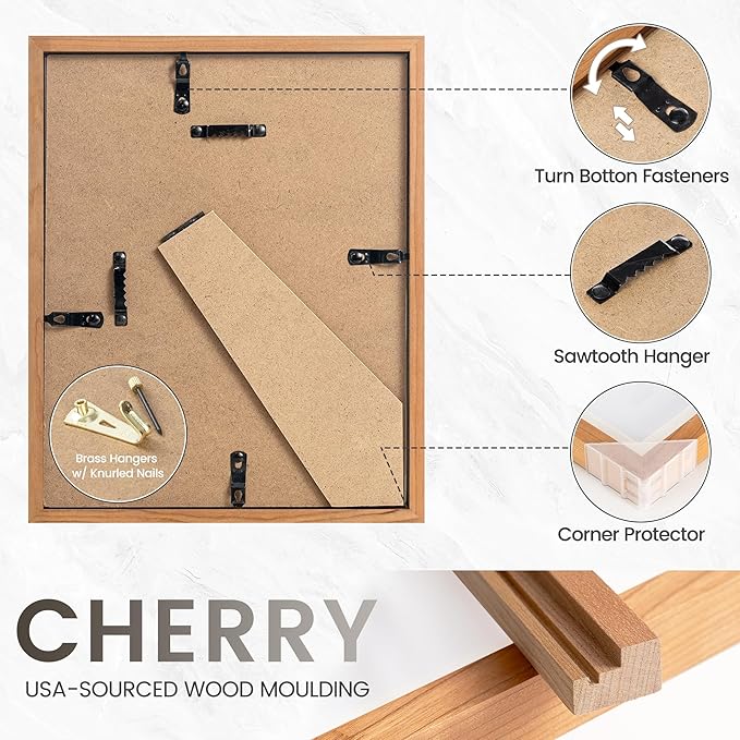 8x10 Picture Frame Set of 3, USA-Sourced Natural Cherry Wood Photo Collage Frame with HD Tempered Glass, Modern Simple 8 x 10 Wooden Frame Matted to 5x7 Gallery Frames for Art Wall or Tabletop Display