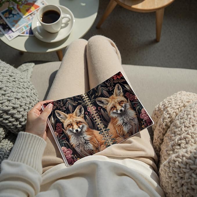 Vintage Floral Fox Notebook, Whimsical Forest Animal Journal, Fox Gifts for Women, Dark Cottagecore Flower Aesthetic Spiral Notebook Journal, 5.5x8.3 Inch
