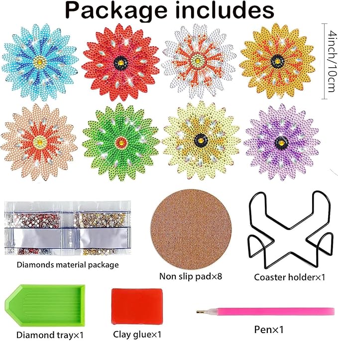 AzsVbvs 8 Pieces Diamond Painting Coasters Kit with Holder, Diamond Art Coasters, DIY Art Crafts Projects, Diamond Dot Kits for Adults and Beginners (Flowers)