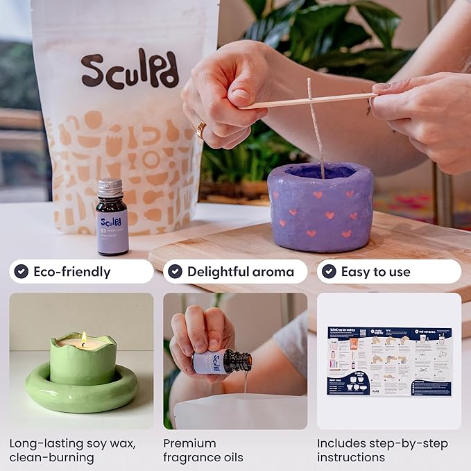 Sculpd Candle Making Pottery Kit for Adults with Air Dry Clay and Acrylic Paint Set, Non-Toxic Eco Soy Wax, Scented Fragrance Oil, Candle Glaze, Tools & Guide, 1 Candle, Basil Citrus
