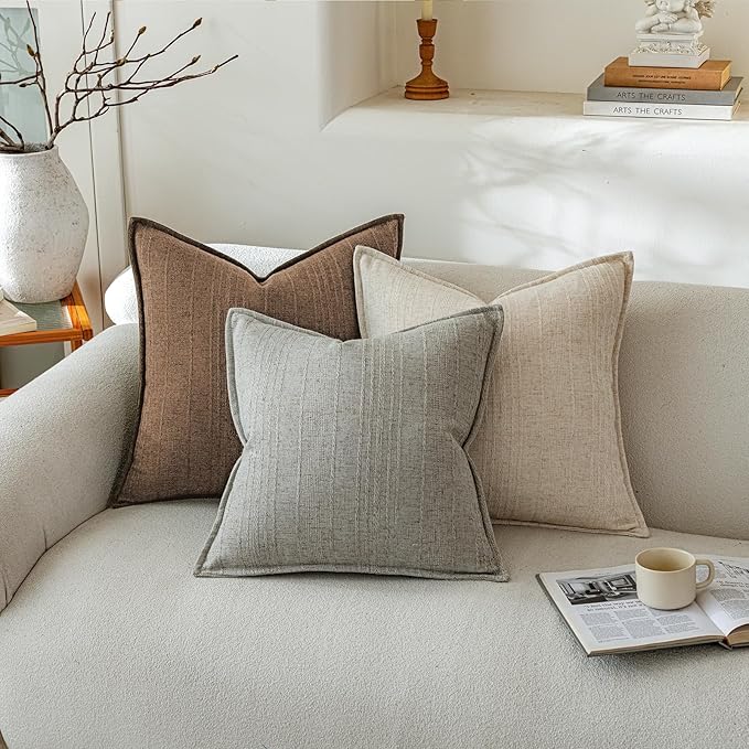 a moment Linen Pillow Covers Set of 2,Boho Farmhouse Throw Pillowcases Neutral Textured Decorative Covers for Couch Sofa,Soft Linen Blend Accent Case Cushion Living Room Home Decor 24"x24"Hazel