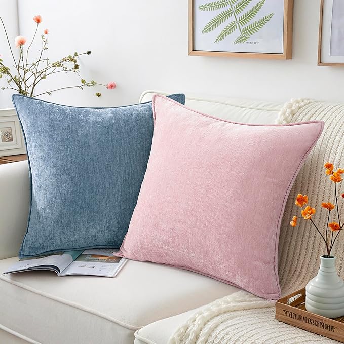 decorUhome Spring Couch Throw Pillow Covers 20x20 Set of 2, Decorative Soft Velvet Neutral Chenille Pillow Covers with Elegant Design for Sofa Bed Living Room Home Decor, Blue Grey