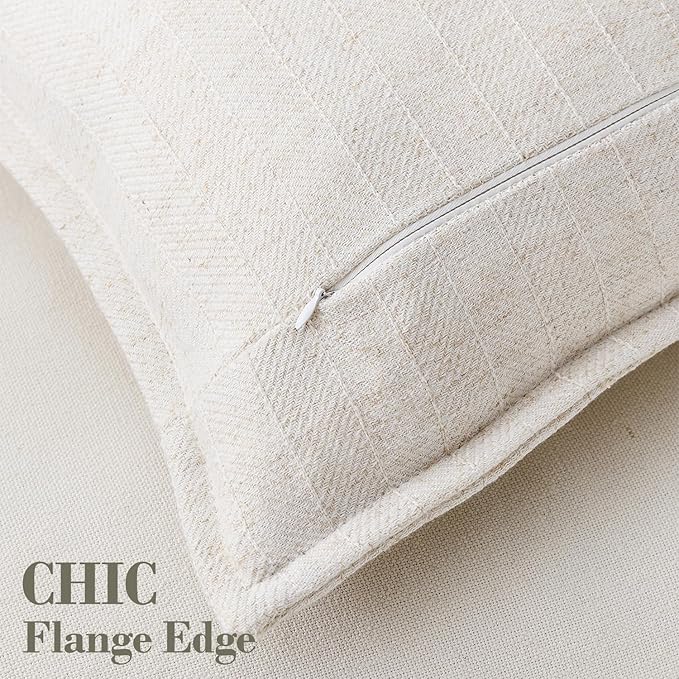 18x18 Linen Pillow Covers Beige Pack of 2 Farmhouse Boho Neutral Accents Striped Textured Square Decorative Throw Pillow Cases for Living Room Couch Bed Home Decor
