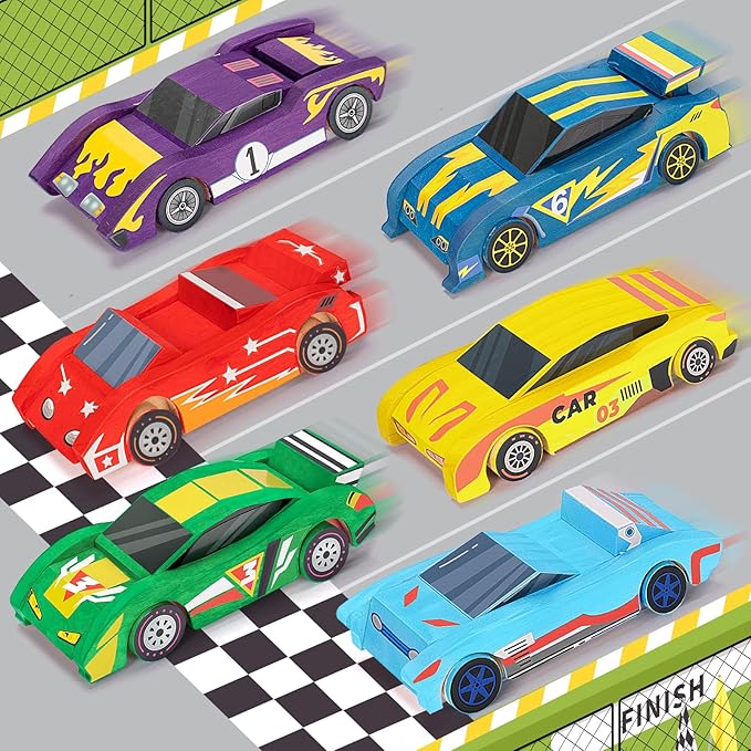 Arts & Crafts Kit DIY Toys for Kids Age 8-12, Build & Paint Your Own Wooden Car, 6 Race Cars, Easy to Assemble Painting Sets, Christmas Birthday Gifts for 4 5 6 7 8 9 10 11 12 Year Old Boys Girls.