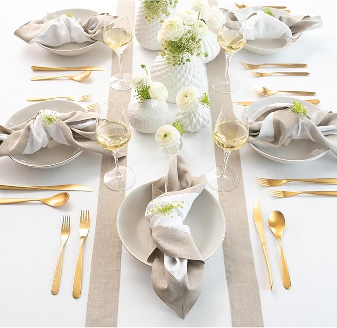 Solino Home Linen Table Runner 60 Inches - 100% Pure Linen Natural and White Table Runner 14 x 60 Inch Ideal for Dresser and Coffee Tables - Winter, Spring, Easter - Contempo