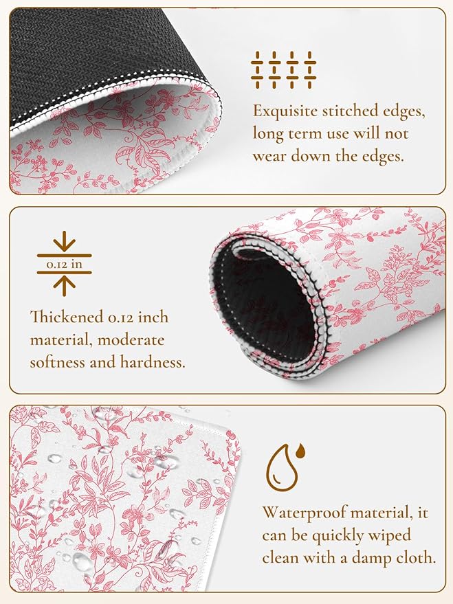 Elegant Pink Flowers Mouse Pad, Waterproof Aesthetics Floral Mouse Pads Design, Non-Slip Rubber Base Computer Simple Funny Mousepad,Small Mouse Mat Desk Accessories Office Supplies