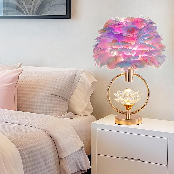 Colorful Feather Lamp 17IN Unique Fluffy Table Lamp Crystal Feather Bedside Nightstand Lamp Nordic Desk Light for Girl Bedroom Wedding Christmas Gift Deco Living Room Entry Office