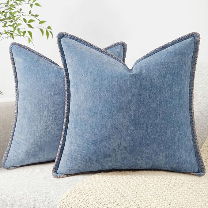 decorUhome Spring Chenille Soft Throw Pillow Covers 24x24 Set of 2, Farmhouse Velvet Neutral Decorative Euro Sham Pillow Covers with Stitched Edge for Couch Sofa Bed Home Decor, Blue