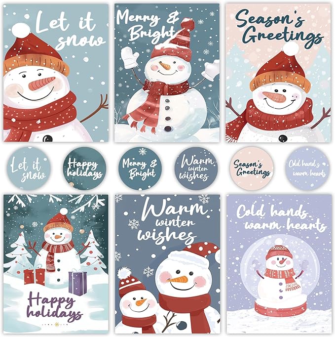 NESCCI 24 PCS Snowman Cards,Holiday Cards With Envelopes and Stickers,4x6 Inches,6 Different Designs of Snowman Greeting Cards,Cute Snowman Greetings, Kids Holiday Card