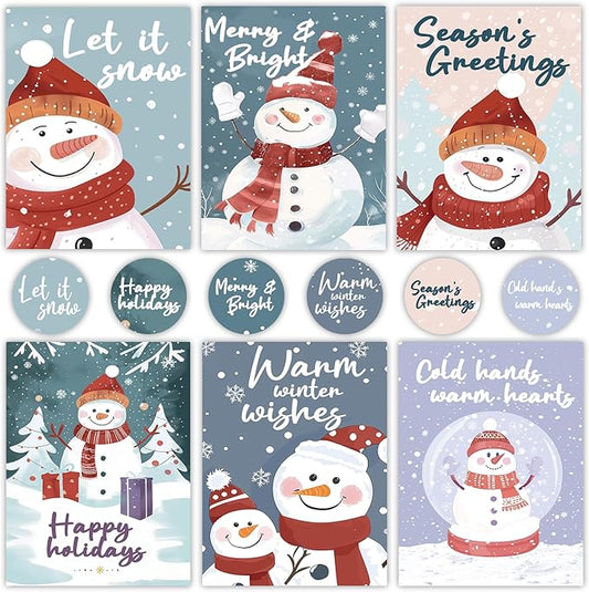 NESCCI 24 PCS Snowman Cards,Holiday Cards With Envelopes and Stickers,4x6 Inches,6 Different Designs of Snowman Greeting Cards,Cute Snowman Greetings, Kids Holiday Card