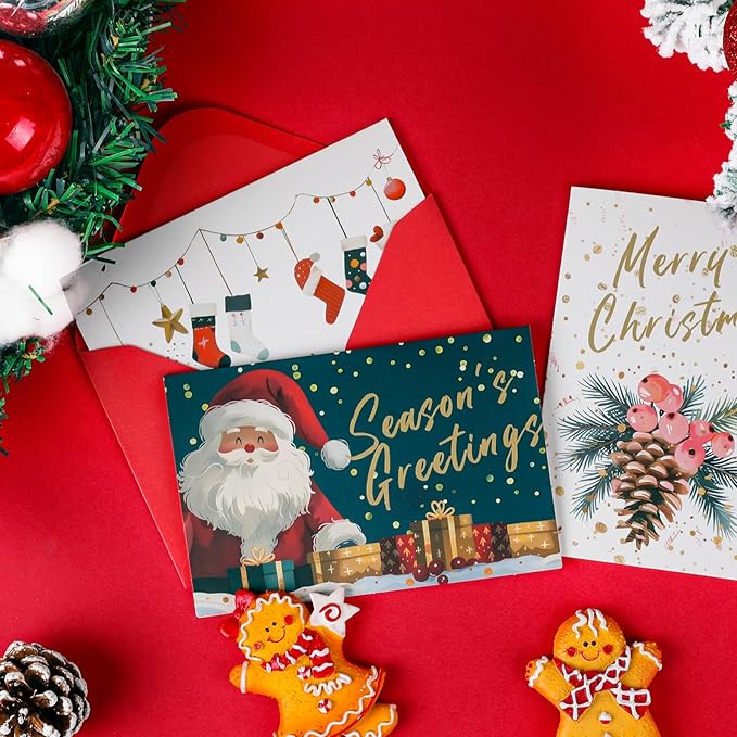 Christmas Cards Assortment, 24 Pcs Greeting and New Years Cards with 6 Designs for Christmas, Holiday, New Year Gift (4x6 Inch)