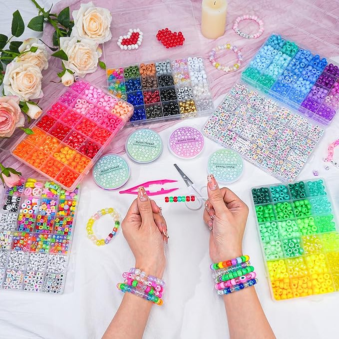 6 Boxes 4500Pcs Pony Beads Bracelet Making Kit, with 1600pcs Letter Beads Friendship Bracelets Kandi Rave Bead for Jewelry Making Keychain Hair Braid Gifts for Girls Teens Arts and Crafts Kits